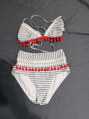COCOSHIP White and Navy Striped High-Waist Bikini with Red Pom Pom Trim